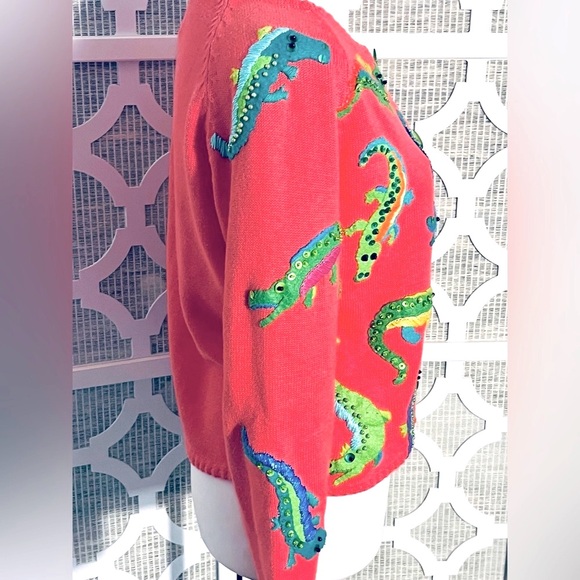 ALLIGATOR CARDIGAN SWEATER MICHAEL SIMON SMALL RETRO CROCODILE ANIMAL PRINT - Picture 7 of 16
